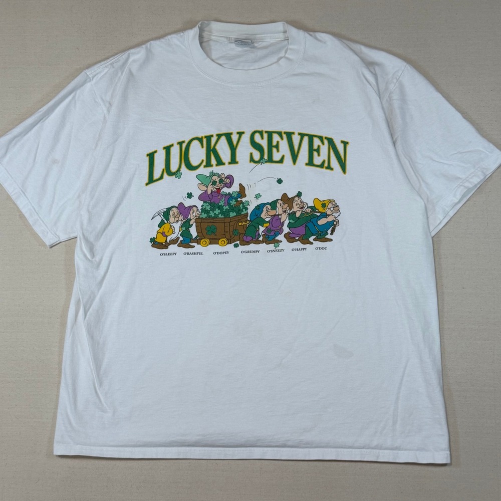 Vintage Disney Lucky Seven Dwarfs St Patricks Day T-Shirt XL White Made in USA